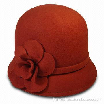Women's Wool Felt Mini Cloche Hat with Self Band and Flower Trim, Fashion for Winter